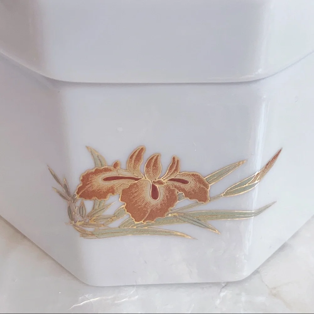White Brown Iris Bone China Jewelry Trinket Box - Picture 5 of 8
